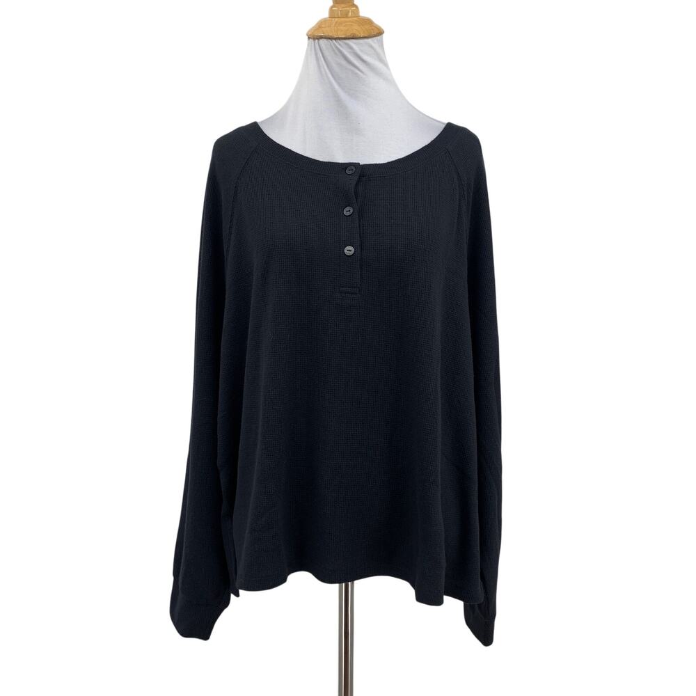 Victoria Secret Top Womens L Large Black Glow Waffle Henley Long Sleeve Stretch